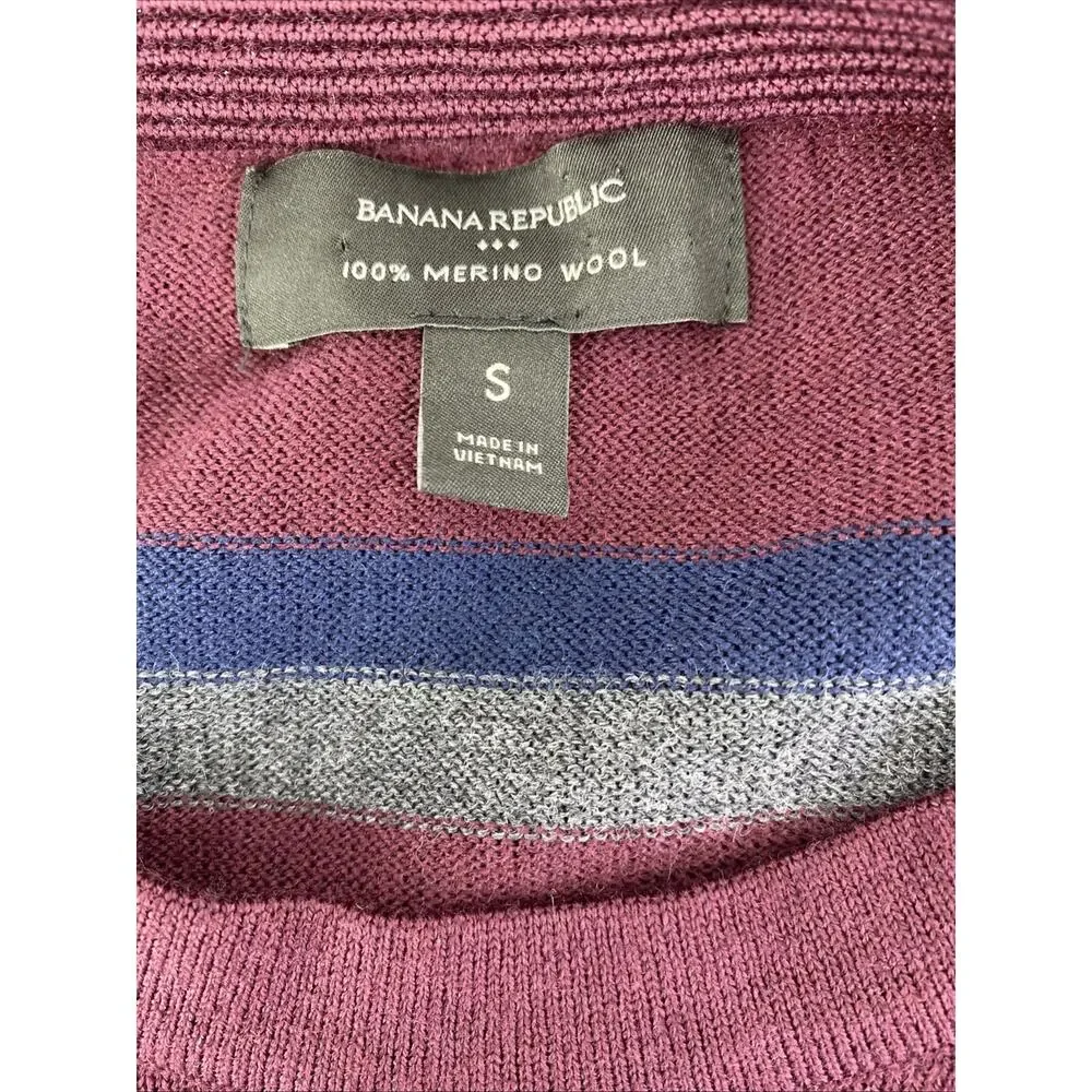 Banana Republic 100% Merino Wool Sweater Maroon Blue Gray Striped Small Men’s